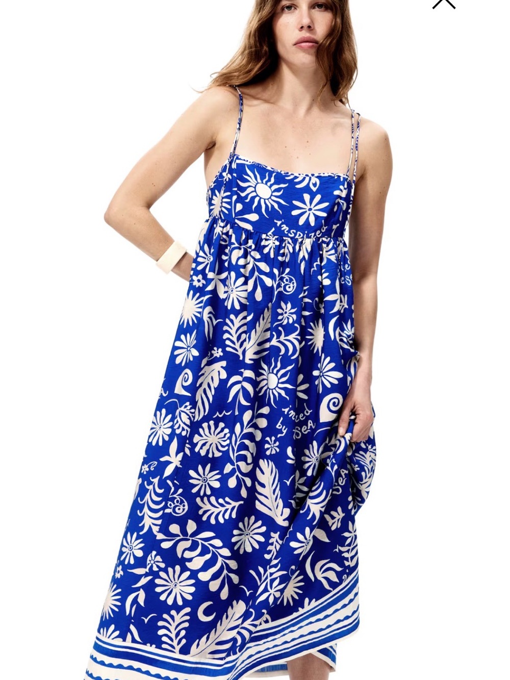 H&M Blue and White Floral Midi Dress with Spaghetti Straps